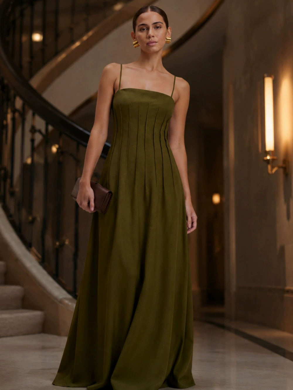 Zara Olive Green Spaghetti Strap Pleated Waist Maxi Dress - Picture 2 of 6